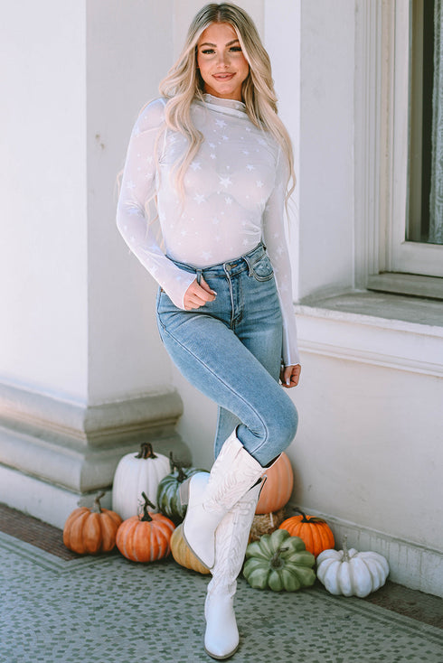 Star Embellished Sheer Mesh Long Sleeve Top